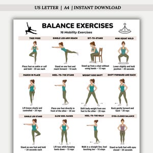 Puede incluir: Un imprimible blanco con el título "BALANCE EXERCISES" y 16 ejercicios de movilidad. Cada ejercicio está ilustrado con una figura de palo que demuestra el movimiento, incluyendo la postura del árbol y la marcha talón-dedo del pie.