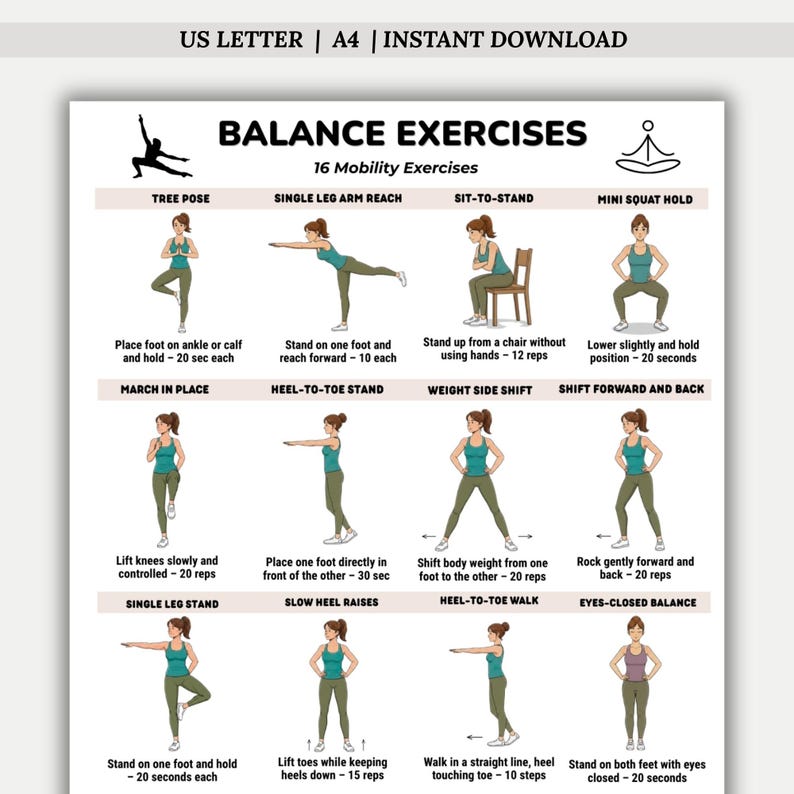 Balance Exercises Printable Chart, Balance Training Workout Poster ...