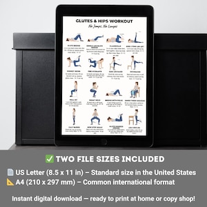 May include: A digital workout guide for glutes and hips, displayed on a black tablet. The guide features various exercises with illustrations and instructions. Includes two file sizes: US Letter (8.5 x 11 in) and A4 (210 x 297 mm).