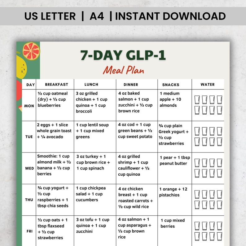 GLP-1 7 day meal plan printable showing a weekly text-based meal plan with breakfast, lunch, dinner, and snack for each day. One-page printable PDF written in U.S. measurements, suitable for printing on A4 or US Letter or for digital use.