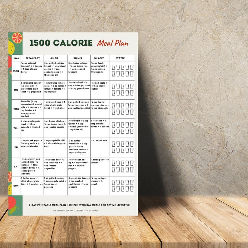1500 Calorie Meal Plan Printable | 7-Day 1500 Calories Menu PDF for Easy Meal Prep