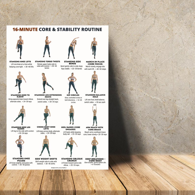 K&ouml;nnte beinhalten: Ein Fitness-Poster mit dem Titel "16-Minute Core & Stability Routine" zeigt illustrierte &Uuml;bungen. Das Poster enth&auml;lt Anweisungen f&uuml;r &Uuml;bungen wie Knieheben, Rumpfverdrehungen, Seitbeugen und Marschieren auf der Stelle. Die &Uuml;bungen sollen die Rumpfkraft und -stabilit&auml;t verbessern.