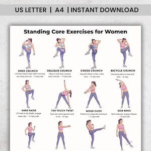 Può includere: Una guida di allenamento stampabile intitolata "Standing Core Exercises for Women" con illustrazioni di esercizi per il core, tra cui crunch e torsioni. Disponibile per il download immediato, formato A4.