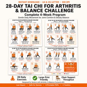 28-Day Tai Chi for Arthritis & Balance Challenge Printable- 4-Week Gentle Daily Program, Senior Exercise Chart, Joint Comfort Steady Balance