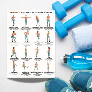 May include: A fitness guide titled "16-MINUTE FULL BODY MOVEMENT ROUTINE" with exercise illustrations. Includes blue dumbbells, a blue water bottle, a white towel, and blue athletic shoes.