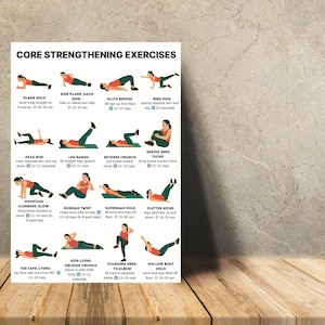 Flat-style digital illustration of a woman demonstrating core strengthening exercises at home, fitness workout poster, no equipment required.