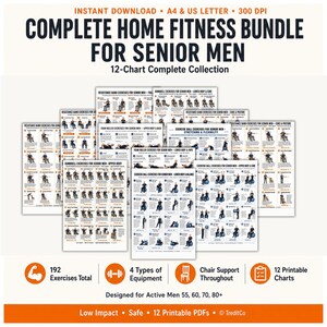 Puede incluir: Una colección digital de 12 tablas de ejercicios imprimibles titulada Complete Home Fitness Bundle for Senior Men. Las tablas muestran ilustraciones en blanco y negro de ejercicios con bandas de resistencia, mancuernas, rodillos de espuma y pelotas de ejercicio.