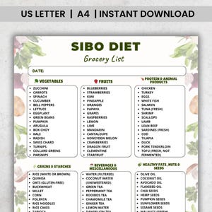 May include: A printable SIBO diet grocery list, featuring categories for vegetables, fruits, protein, grains, beverages, and healthy fats. The list is designed for instant download and is available in US Letter and A4 sizes.