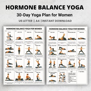 Op de afbeelding: Een zwart-wit afdrukbaar yoga-plan getiteld "Hormone Balance Yoga" met verschillende yoga-poses. De tekst bevat "30-Day Yoga Plan for Women" en "US LETTER | A4 | INSTANT DOWNLOAD". Het plan is voor vrouwen.