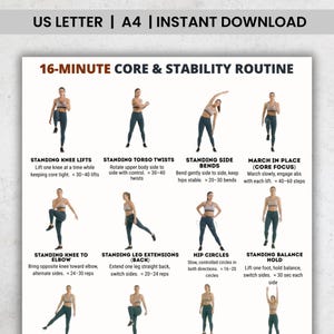 May include: A fitness guide titled "16-MINUTE CORE & STABILITY ROUTINE" with exercise illustrations. It details exercises like standing knee lifts, torso twists, and side bends. The guide is available for instant download in A4 format.
