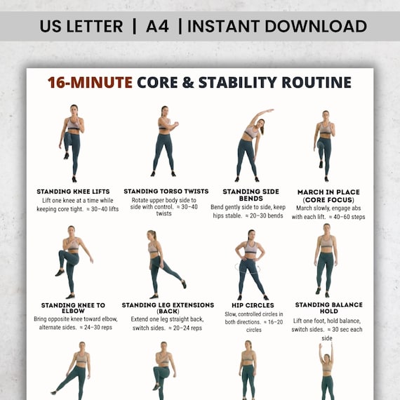 16-Minute Standing Core Workout Poster | Core & Stability Exercise Chart | No Floor Core Exercises | Balance Workout Printable