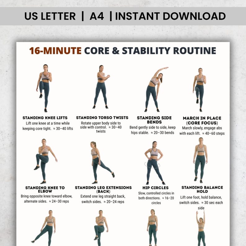 K&ouml;nnte beinhalten: Ein Fitness-Leitfaden mit dem Text "16-MINUTE CORE & STABILITY ROUTINE" und &Uuml;bungsillustrationen. Enth&auml;lt Anweisungen f&uuml;r Knieheben im Stehen, Rumpfverdrehungen und Seitbeugen. Sofortiger Download verf&uuml;gbar.