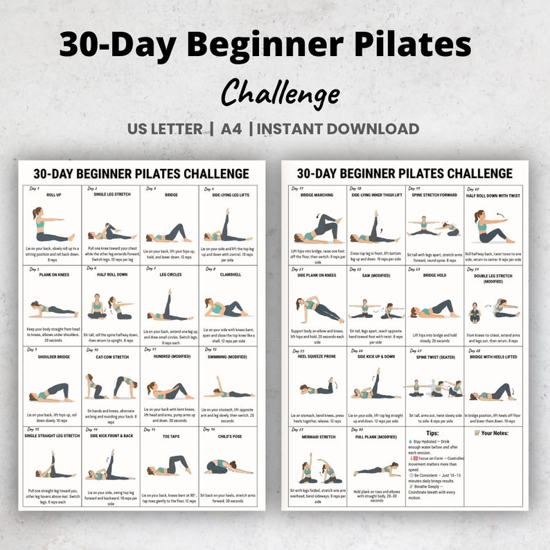 30 Day Pilates Challenge for Beginners | Printable Workout Plan | Daily ...
