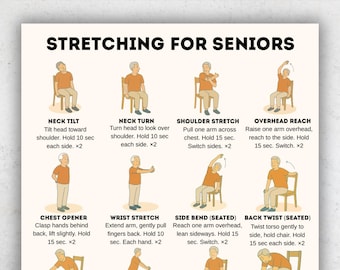 Tabella di stretching per anziani stampabile, esercizi di stretching delicati da seduti e in piedi, esercizi per anziani in formato PDF, download immediato
