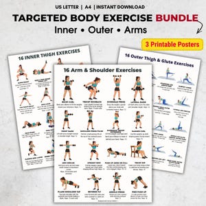 Puede incluir: Un conjunto de tres carteles de ejercicios imprimibles. Los carteles se titulan "Targeted Body Exercise Bundle" y se centran en ejercicios para la parte interna del muslo, la parte externa del muslo y los glúteos, y para los brazos y los hombros. Cada cartel muestra varios ejercicios con ilustraciones e instrucciones.