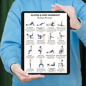 May include: A tablet displaying a workout routine for glutes and hips, with the text "GLUTES & HIPS WORKOUT No Jumps, No Lunges." The routine includes exercises like glute bridge, clamshells, donkey kicks, and side leg raises. The tablet is held by a person.