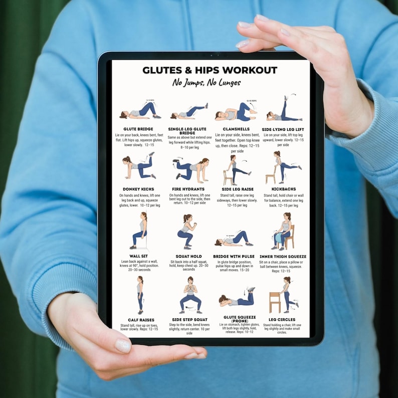 May include: A tablet displaying a workout routine for glutes and hips, with the text "GLUTES & HIPS WORKOUT No Jumps, No Lunges." The routine includes exercises like glute bridge, clamshells, donkey kicks, and side leg raises. The tablet is held by a person.