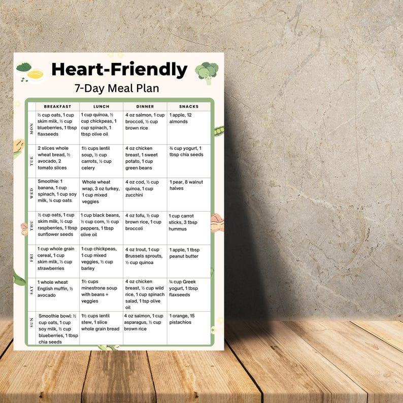 Heart Friendly 7 Day Meal Plan | Low Sodium Foods | Cholesterol Diet Plan | Printable PDF | Instant Download | US Letter A4