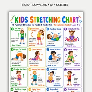Tabla de estiramientos para niños (PDF imprimible): 16 divertidos estiramientos diarios para niños, póster de flexibilidad infantil, ejercicios para el aula y la educación en casa.