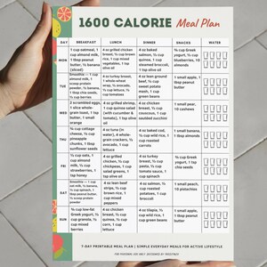 1600 Calorie Meal Plan Printable | 7-Day 1600 Calories Menu | Portion Control PDF