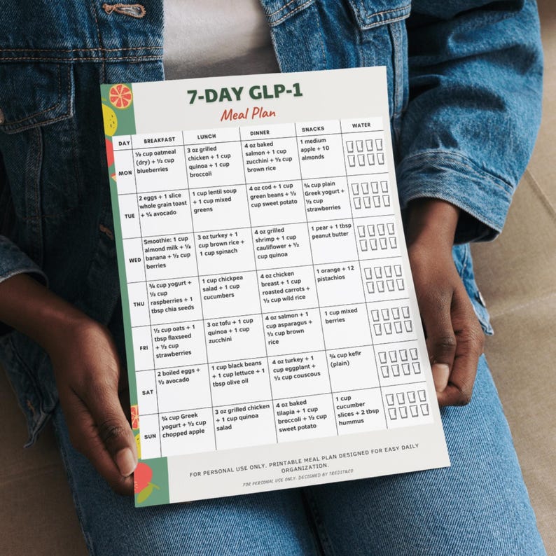 GLP-1 7 day meal plan printable showing a weekly text-based meal plan with breakfast, lunch, dinner, and snack for each day. One-page printable PDF written in U.S. measurements, suitable for printing on A4 or US Letter or for digital use.