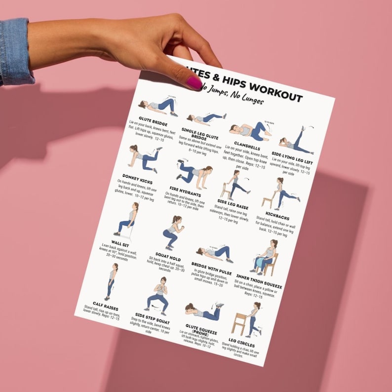 May include: A white printed workout guide titled "Glutes & Hips Workout" with illustrations of various exercises. The guide is held by a hand with pink nail polish against a pink background. The exercises include Glute Bridge, Donkey Kicks, and Side Leg Raise.