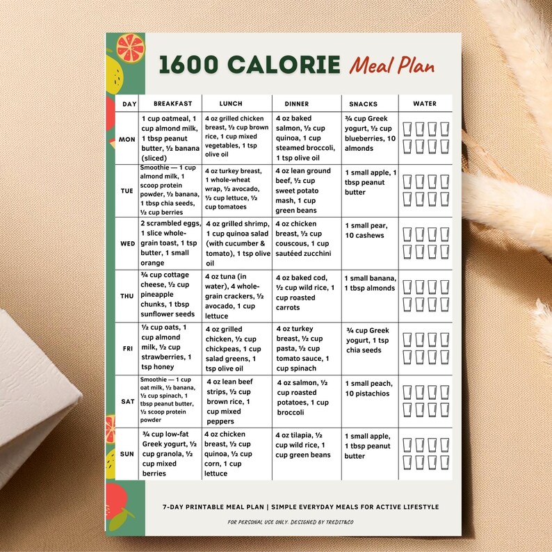 1600 Calorie Meal Plan Printable | 7-Day 1600 Calories Menu | Portion Control PDF