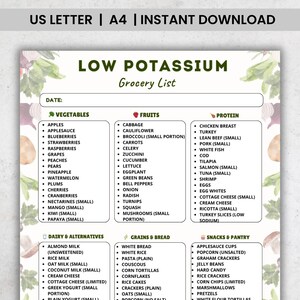 Pode incluir: Uma lista de compras imprimível intitulada "LOW POTASSIUM Grocery List" com categorias para vegetais, frutas, proteínas, laticínios, grãos e lanches. A lista inclui maçãs, mirtilos, peito de frango e muito mais.