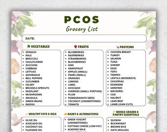 PCOS-boodschappenlijst afdrukbare pdf, PCOS-voedsellijst, lage GI-dieetkaart, Pcos-dieetvoeding, Pcos-maaltijdplanning, afdrukbare boodschappenlijst