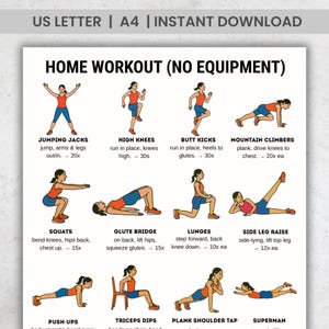 Home Workout Printable – 16 No Equipment Exercises | Full Body Workout Poster A4 PDF | Fitness Exercise Chart for Home Gym Wall Decor