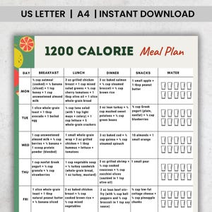 May include: A 1200-calorie meal plan chart with daily breakfast, lunch, dinner, and snack suggestions. The chart includes a list of foods such as oatmeal, chicken breast, salmon, and vegetables. The text "US LETTER | A4 | INSTANT DOWNLOAD" is at the top.