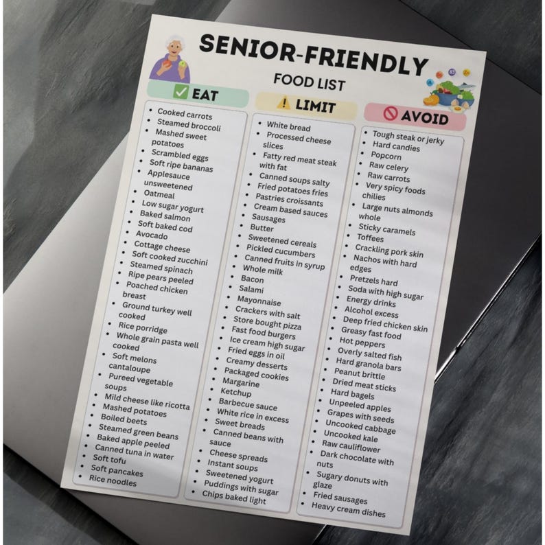 A printable Senior‑Friendly Food List chart with three columns labeled Eat, Limit, and Avoid, featuring soft foods, low sodium options, and easy‑to‑digest meals on a clean minimal background.