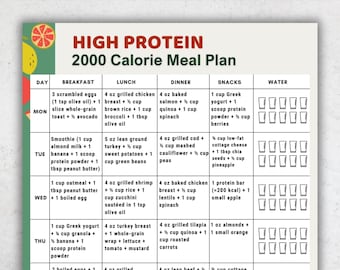 Piano alimentare ad alto contenuto proteico da 2000 calorie stampabile / Pianificatore di preparazione pasti ad alto contenuto proteico di 7 giorni / Piano alimentare da 2000 calorie in PDF / Piano alimentare proteico