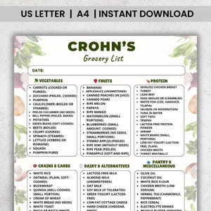 May include: A printable grocery list for a Crohn's diet, featuring categories for vegetables, fruits, protein, grains, dairy alternatives, and pantry items. The list includes options like zucchini, bananas, and skinless chicken breast. The document is available for instant download.