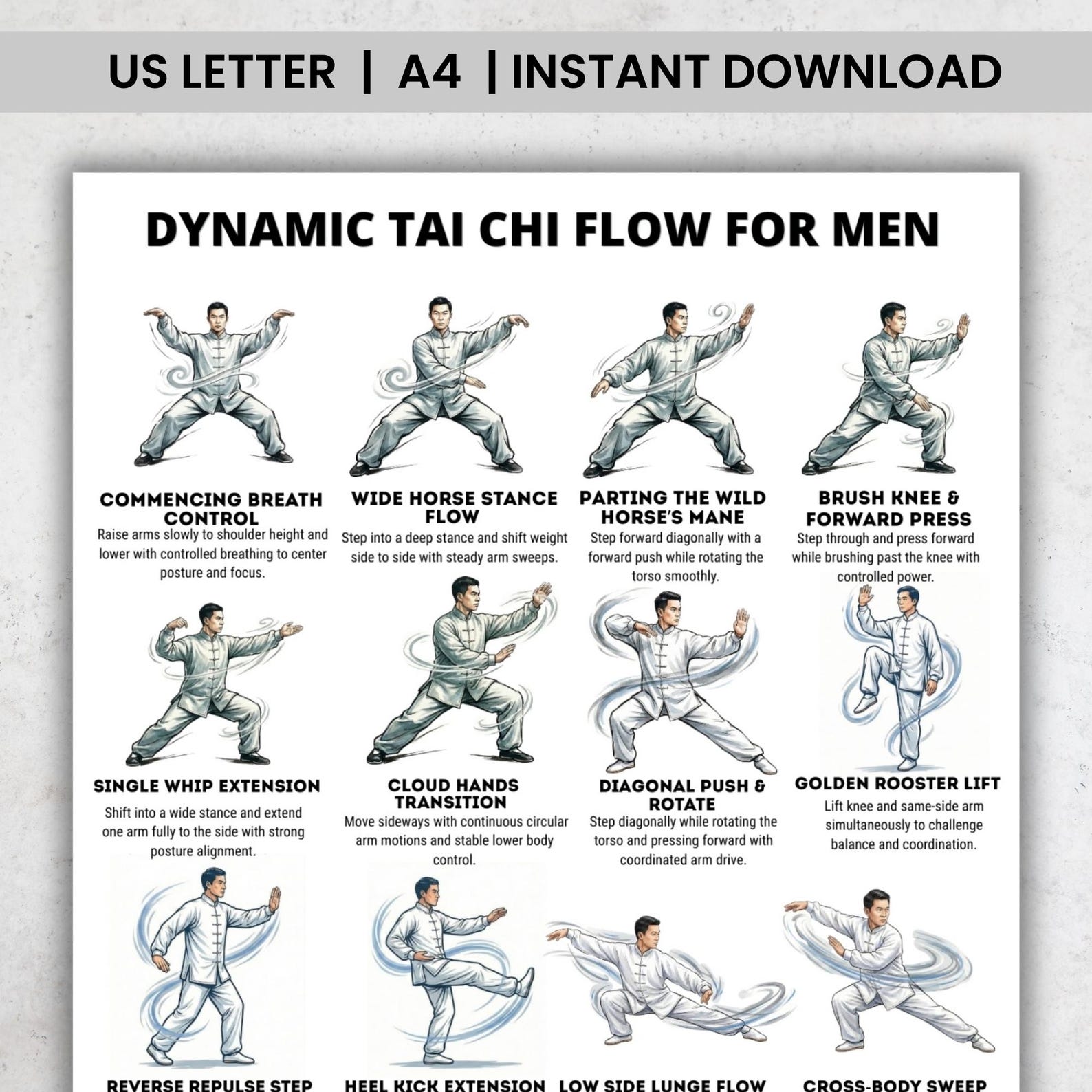 Tai Chi for Men Printable Poster PDF, Dynamic Flow Workout Chart ...