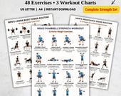 Men’s Workout Bundle | Printable Dumbbell Routine + Lower Body Power + Resistance Band Exercises | 3 Fitness Charts | Home Gym Printable Set