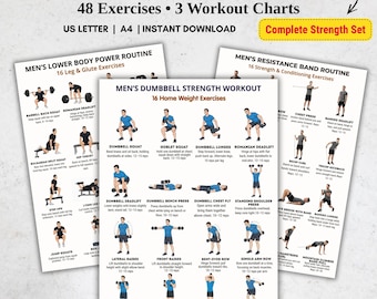 Pode incluir: Um conjunto de três gráficos de treino intitulados "Full Men's Training Bundle" com 48 exercícios e 3 gráficos de treino. Os gráficos incluem rotinas para a parte inferior do corpo, força com halteres e exercícios com bandas de resistência.