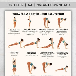 May include: Yoga flow poster featuring the Sun Salutation sequence. The poster includes illustrations of various yoga poses such as Mountain Pose, Upward Salute, and Downward-Facing Dog. Text at the top reads "US LETTER | A4 | INSTANT DOWNLOAD".