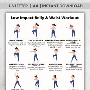 Puede incluir: Una guía de ejercicios imprimible titulada "Low Impact Belly & Waist Workout" con ilustraciones de ejercicios. La guía incluye instrucciones para ejercicios como Marcha en el lugar, Toque lateral y Giro de torso de pie. La parte superior de la guía dice "US LETTER | A4 | INSTANT DOWNLOAD".