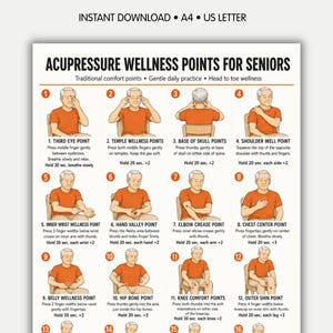 May include: Acupressure wellness points chart for seniors, with diagrams showing pressure points on the body. The chart provides instructions for different points, including the third eye and temple wellness points. The text "Instant Download" is at the top.