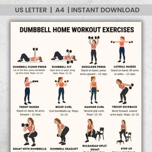 May include: A printable dumbbell home workout guide with illustrations of various exercises. The exercises include dumbbell floor press, fly, shoulder press, lateral raises, front raises, bicep curl, hammer curl, tricep kickback, squat, deadlift, Bulgarian split squat, and step-up.
