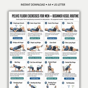 May include: A digital instructional chart titled Pelvic Floor Exercises for Men - Beginner Kegel Routine. It features sixteen numbered illustrations demonstrating various physical exercises with descriptive text and specific repetition instructions.