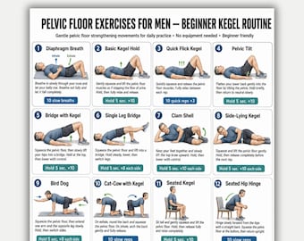 Pelvic Floor Exercises for Men Printable PDF — 16 Gentle Beginner Kegel Routine Movements, Men's Wellness Chart, Home Exercise