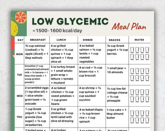 Low Glycemic 7 Day Meal Plan Printable | 1500 Calorie Low Glycemic Meal Planner PDF | Low GI Weekly Menu Template | Digital Download