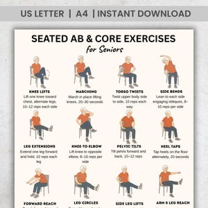 Könnte beinhalten: Ein druckbarer Übungsleitfaden für Senioren mit Illustrationen von sitzenden Bauch- und Core-Übungen. Der Leitfaden enthält Anweisungen für Knieheben, Marschieren, Rumpfverdrehungen, Seitbeugen, Beinverlängerungen, Knie-zu-Ellbogen usw.