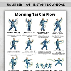 May include: A poster titled "Morning Tai Chi Flow" with illustrations of Tai Chi movements. The poster includes text describing each movement, such as "Opening the Flow" and "Raising the Sky." The color scheme is primarily blue and white.