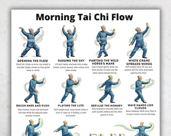 Tai Chi Morning Routine druckbares PDF-Poster, tägliches Tai Chi-Flussdiagramm, Gleichgewichtstrainingsübungen