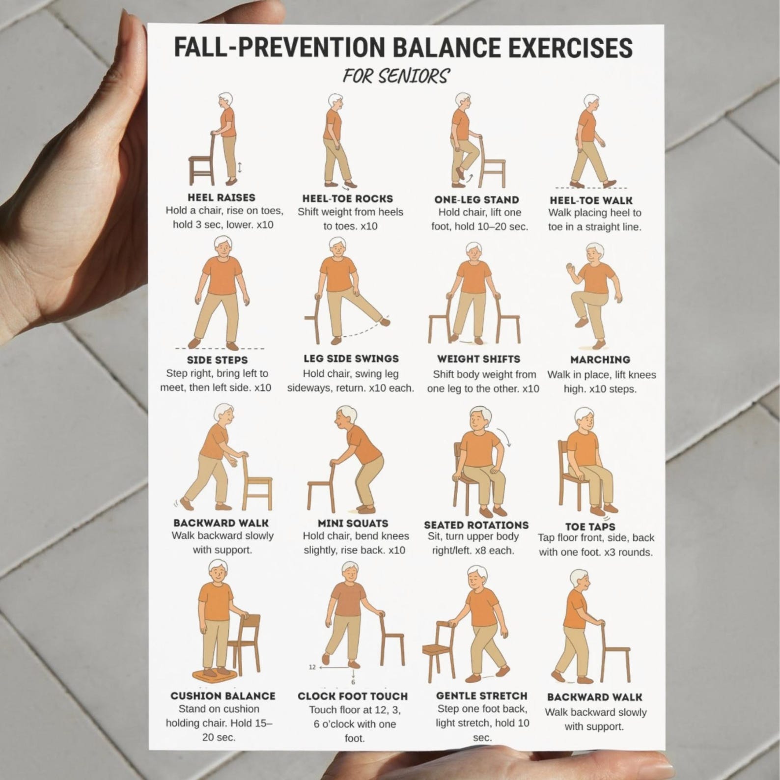 Fall Prevention Balance Exercises for Seniors Printable PDF | Chair ...