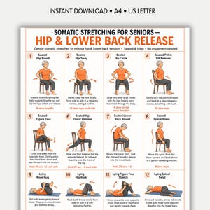 Somatic Stretching for Seniors Printable PDF — 16 Gentle Hip & Lower Back Release Exercises, Senior Somatic Stretch Chart, Tension Release