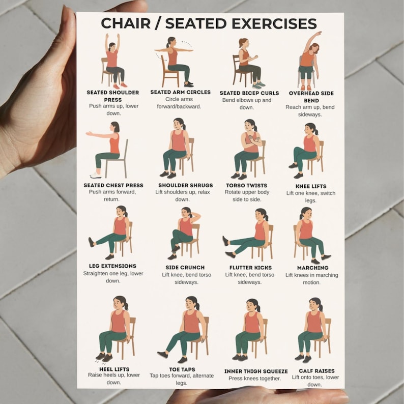 Torso Twists – woman seated, rotating upper body side to side, gentle mobility chair exercise illustration.